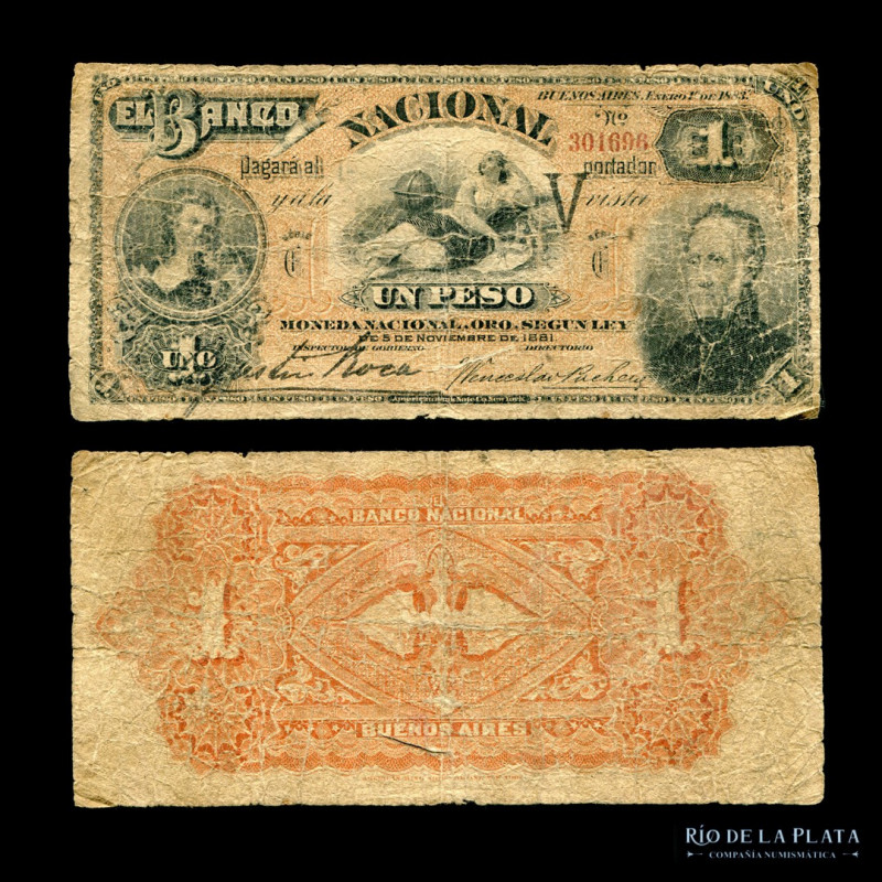 Argentina. Banco Nacional. 1 Peso Moneda Nacional ORO. 01/01/1883. Gral. Martín ...