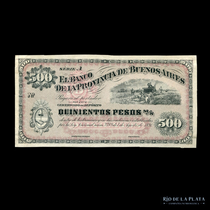 Argentina. Buenos Aires. 500 Pesos Certificado de Depósito 1891. Prueba de impre...