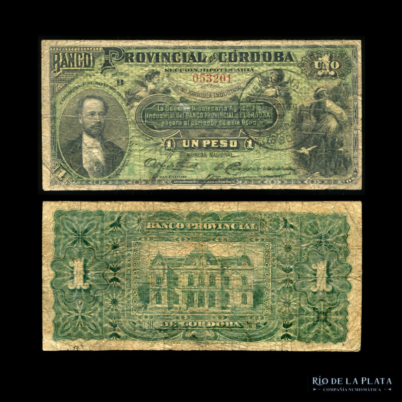Argentina. Banco Provincial de Córdoba. 1 Peso 01/01/1889. Juarez Celman. Dos fi...
