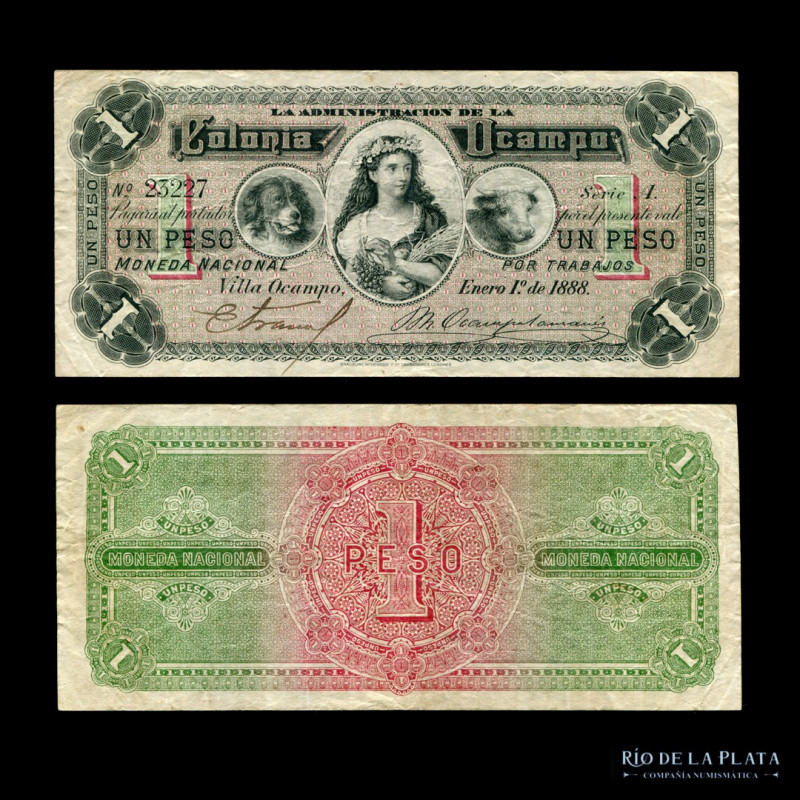 Argentina. Chaco. Vale 1 Peso 1888 Colonia Ocampo."Por trabajos realizados". Emi...