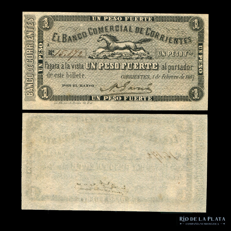 Argentina. Banco de Corrientes. 1 Peso Fuerte 1867. Firmas manuscritas. Bauman C...