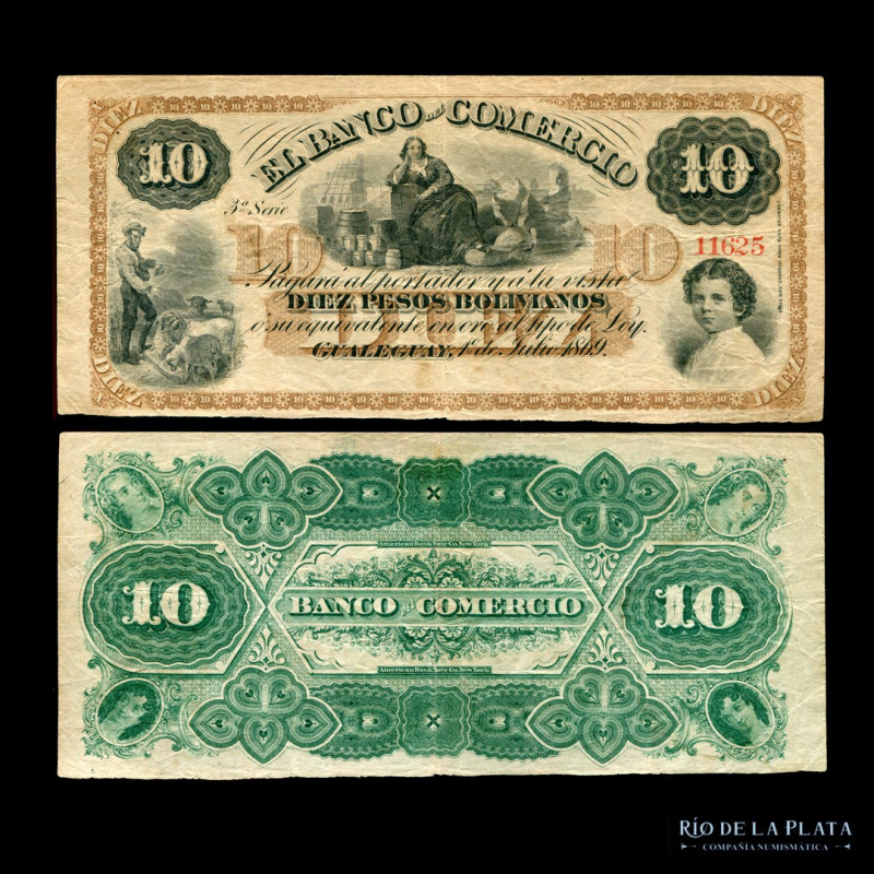 Argentina. Entre Ríos, Gualeguay. El Banco del Comercio. 10 Pesos Bolivianos 1/7...