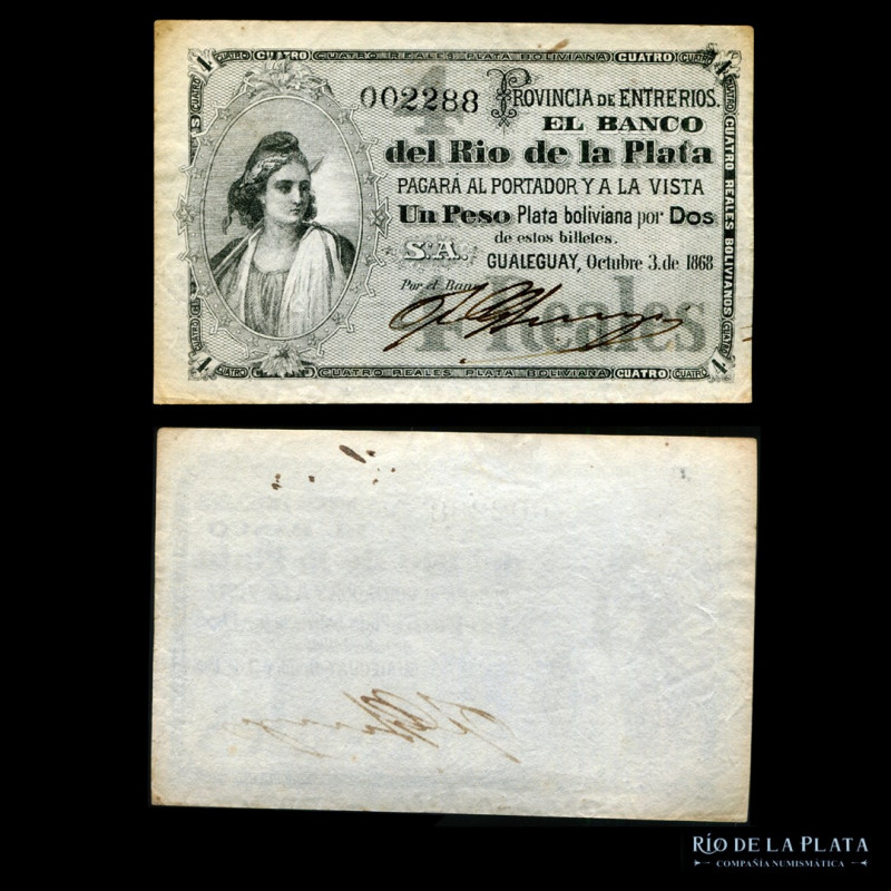 Argentina. Entre Ríos. Banco del Río de la Plata (Gualeguay) 1 Peso Plata Bolivi...
