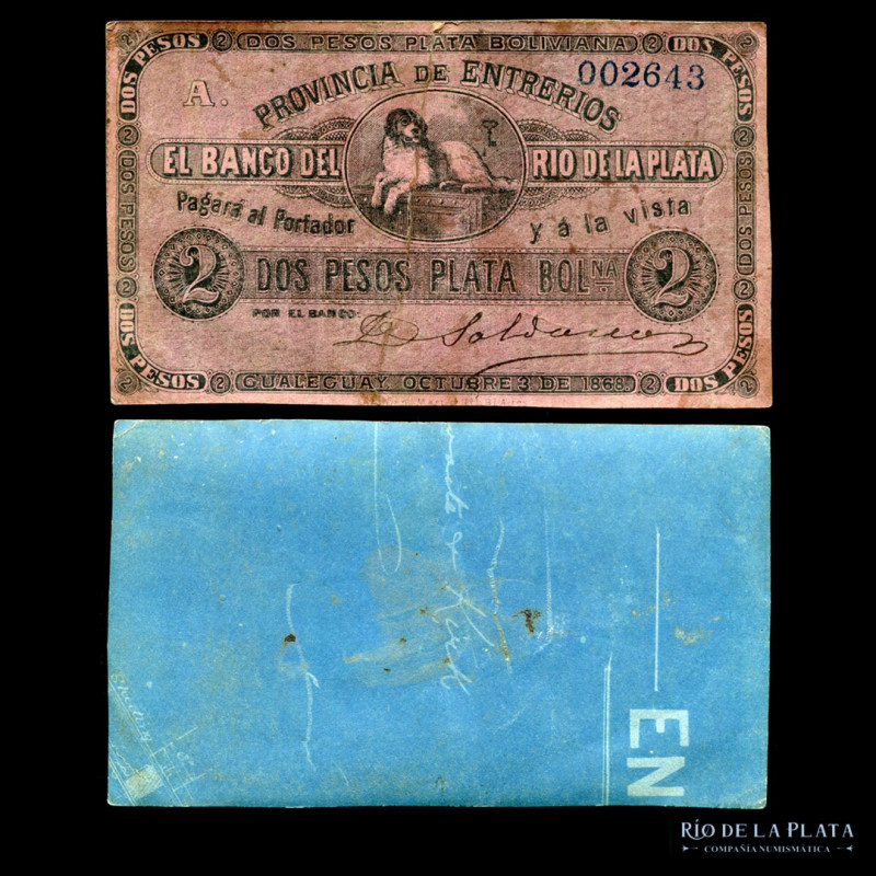 Argentina. Entre Ríos. Banco del Río de la Plata (Gualeguay) 2 Pesos Plata Boliv...