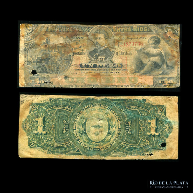 Argentina. Entre Ríos. Banco Provincial de Entre Ríos. 1 Peso 1/5/1885. Bauman E...