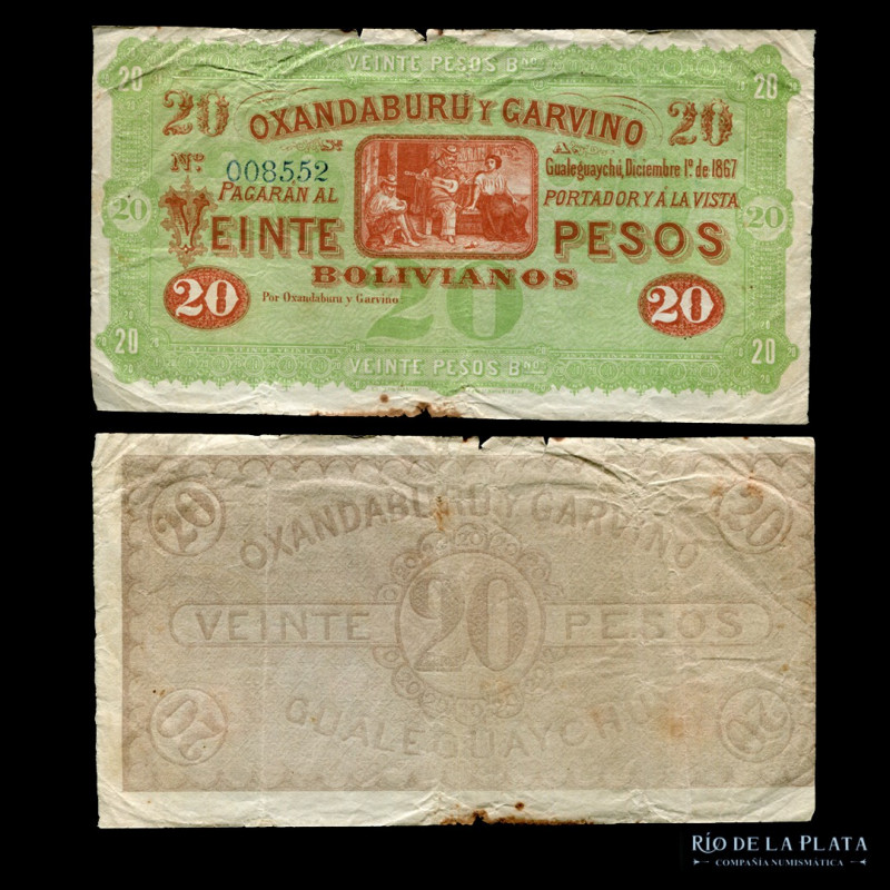 Argentina. Entre Ríos. Oxanduburu y Garbino. 20 Pesos Boliviano 1867 Remainder. ...