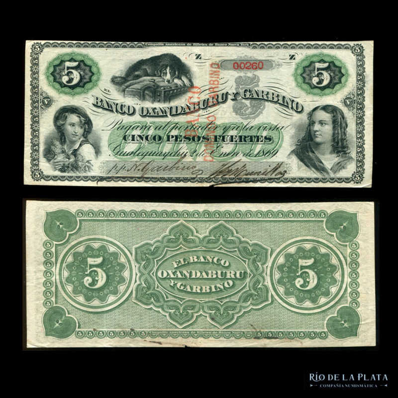Argentina. Entre Ríos. Banco Domingo Garbino. 5 Pesos Fuerte resellado sobre Oxa...