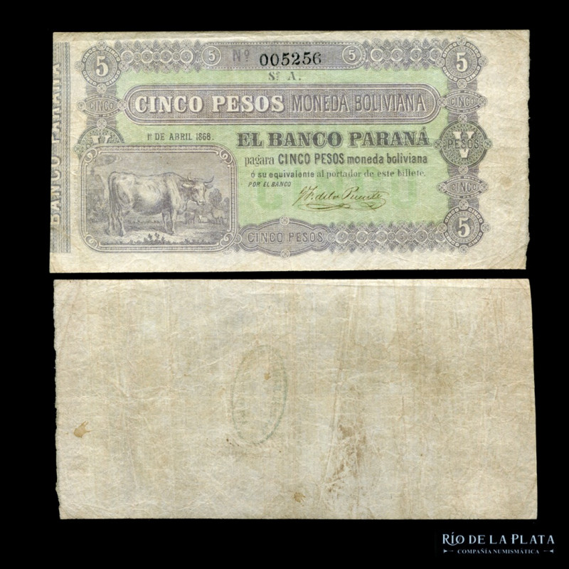 Argentina. Entre Ríos. Banco de Paraná. 5 Pesos Moneda Boliviana 1868. Bauman EN...