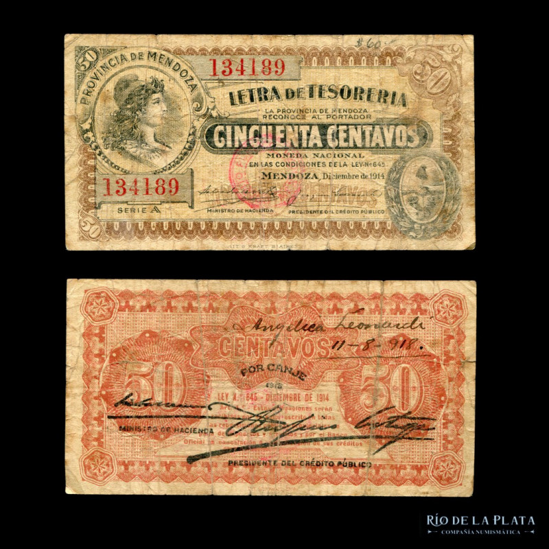 Argentina. Letra de Tesorería. Mendoza. 50 Centavos 1914. POR CANJE 1918. Ps2082...