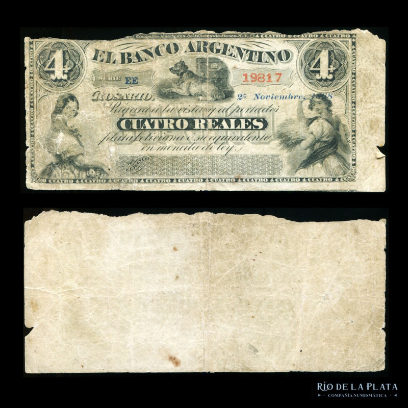 Argentina. Rosario. EL BANCO ARGENTINO. 4 Reales 2/11/1868 Remainder, fecha no l...