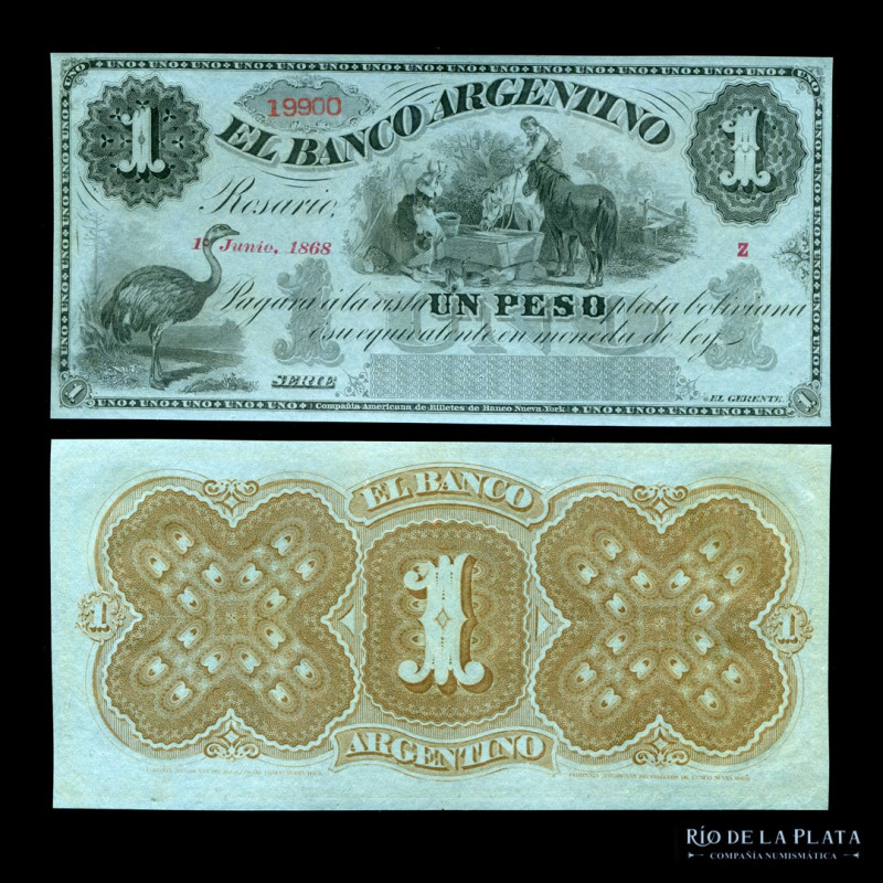Argentina. Rosario. EL BANCO ARGENTINO. 1 Peso 1/6/1868 Remainder. Bauman SFE116...