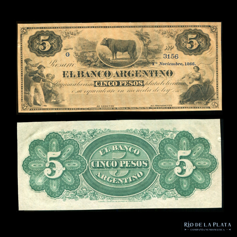 Argentina. Rosario. EL BANCO ARGENTINO. 5 Pesos 1/11/1866 Remainder. Bauman SFE-...