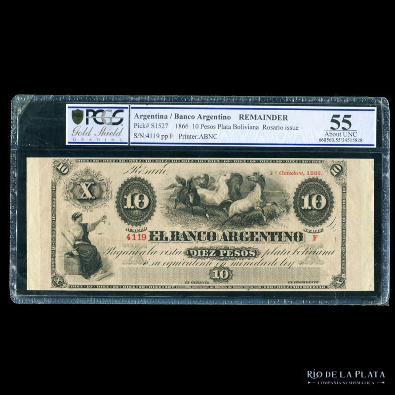 Argentina. Rosario. EL BANCO ARGENTINO. 10 Pesos 1/8/1866 Remainder. Bauman SFE-...