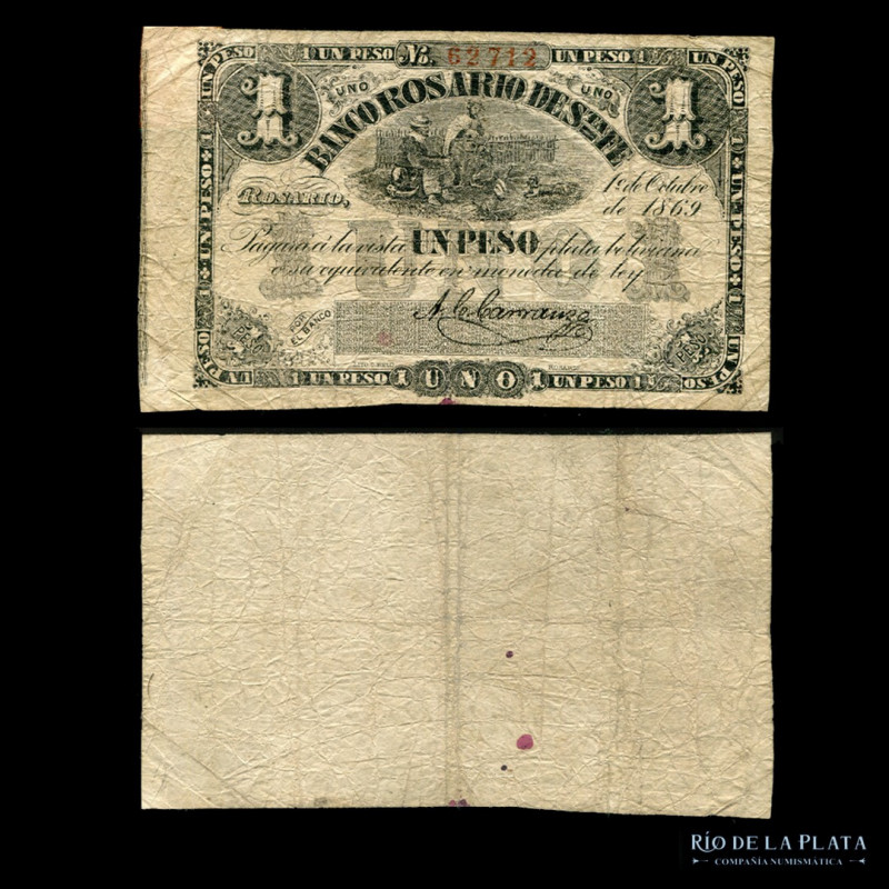 Argentina. Rosario. 1 Peso Plata Boliviana 1869. Banco Rosario de Santa Fe. Baum...