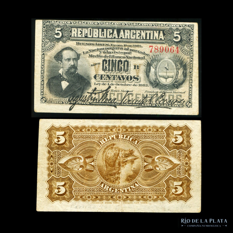 Argentina. Fraccionarios ABN. 5 Centavos 1884 (Avellaneda). Firmas: Roca - Casar...