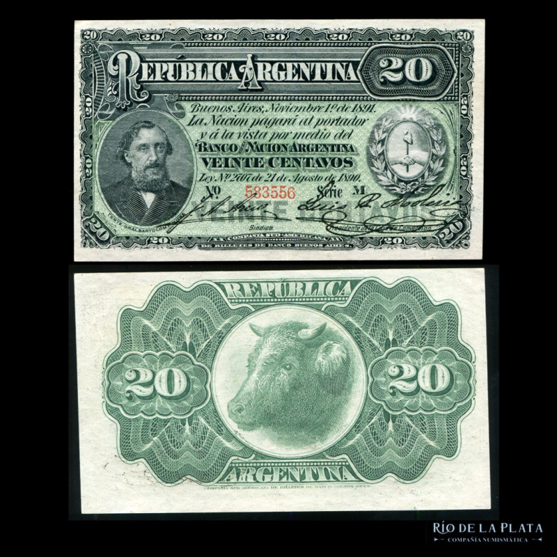 Argentina. Caja de Conversión - Fraccionarios. 20 Centavos 1894 (Mitre). Firmas:...