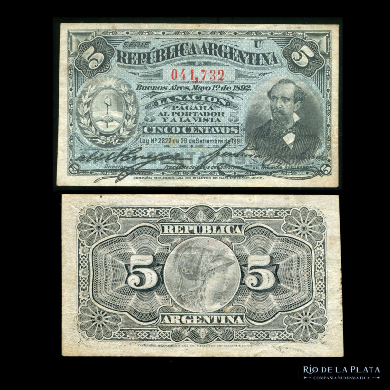 Argentina. Caja de Conversión - Fraccionarios. 5 Centavos 1892 (Avellaneda). Fir...