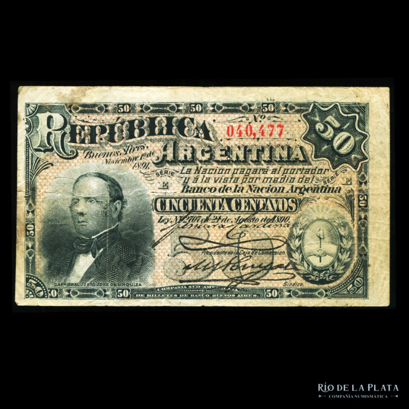 Argentina. Caja de Conversión - Fraccionarios. 50 Centavos 1892 (Urquiza). Firma...