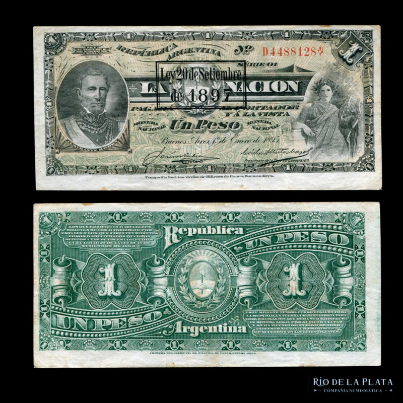 Argentina. Caja de Conversión - 1 Peso 1895, resellado en 1897, serie D: 1905 (A...