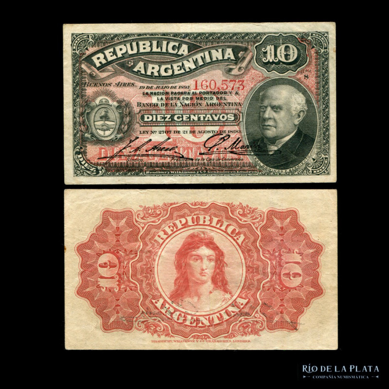 Argentina. Caja de Conversión - Fraccionarios. 10 Centavos 1896 (Sarmiento). Fir...