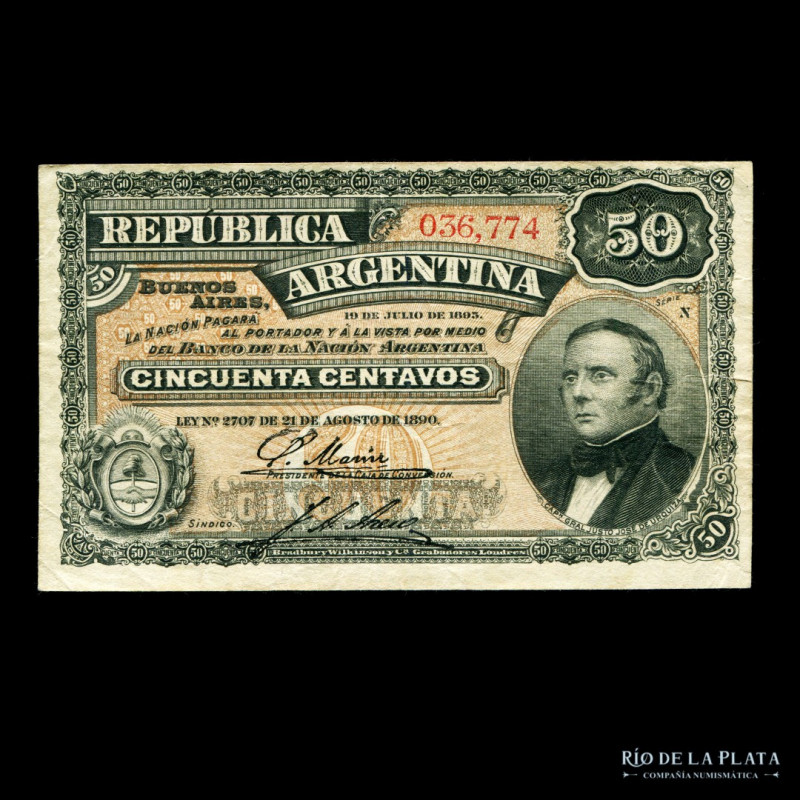 Argentina. Caja de Conversión - Fraccionarios. 50 Centavos 1896 (Urquiza). Firma...