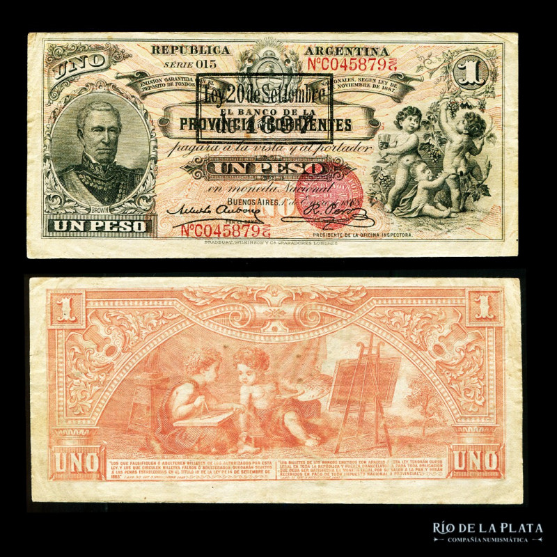 Argentina. Banco Provincia de Corrientes. Bancos Garantidos. 1 Peso 1888 con res...