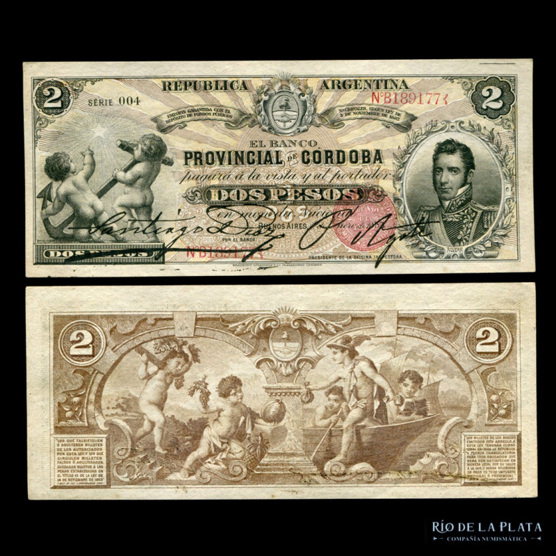 Argentina. Banco Provincial de Córdoba. Bancos Garantidos. 2 Pesos 1888 sin rese...