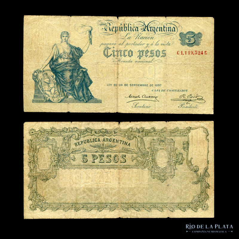 Argentina. Caja Conversión. 5 Pesos 1900 Macro. Con letra antes y signo despues ...