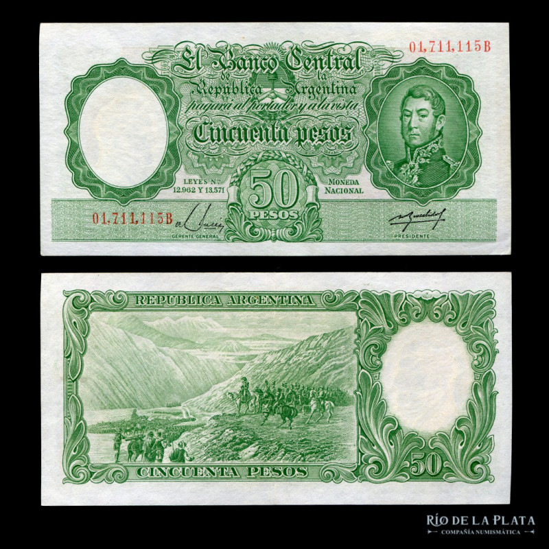 Argentina. BCRA Moneda Nacional. 50 Pesos 1955. Números rojos. Firmas: Musis - R...