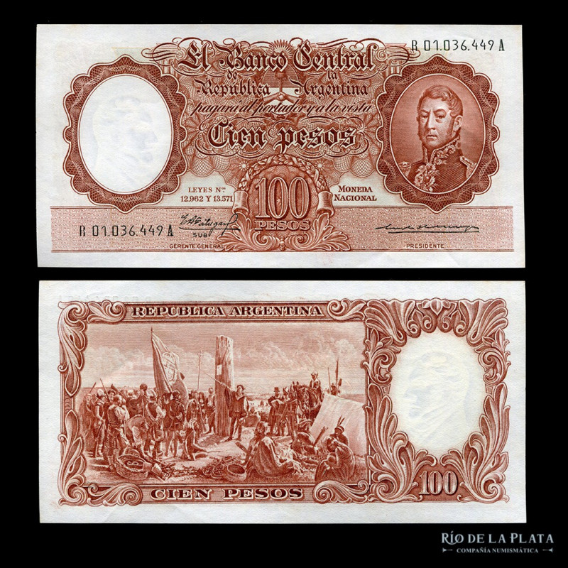 Argentina. BCRA Moneda Nacional. 100 Pesos 1963 Reposición. Firmas: Fábregas - O...