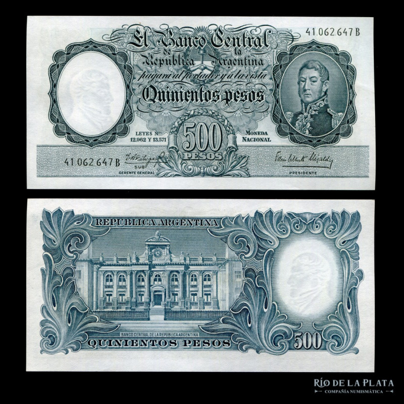 Argentina. BCRA Moneda Nacional. 500 Pesos 1964. Números negros. Firma: Fábregas...
