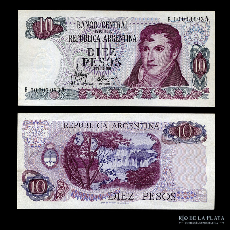 Argentina. Pesos Ley 18.188. 10 Pesos 1970 Reposición. Firma: Mastropiero - Iane...