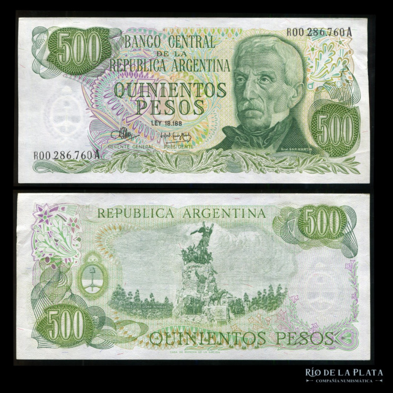 Argentina. Pesos Ley 18.188. 500 Pesos 1973 Reposición. Firma: Mancini - Gómez M...