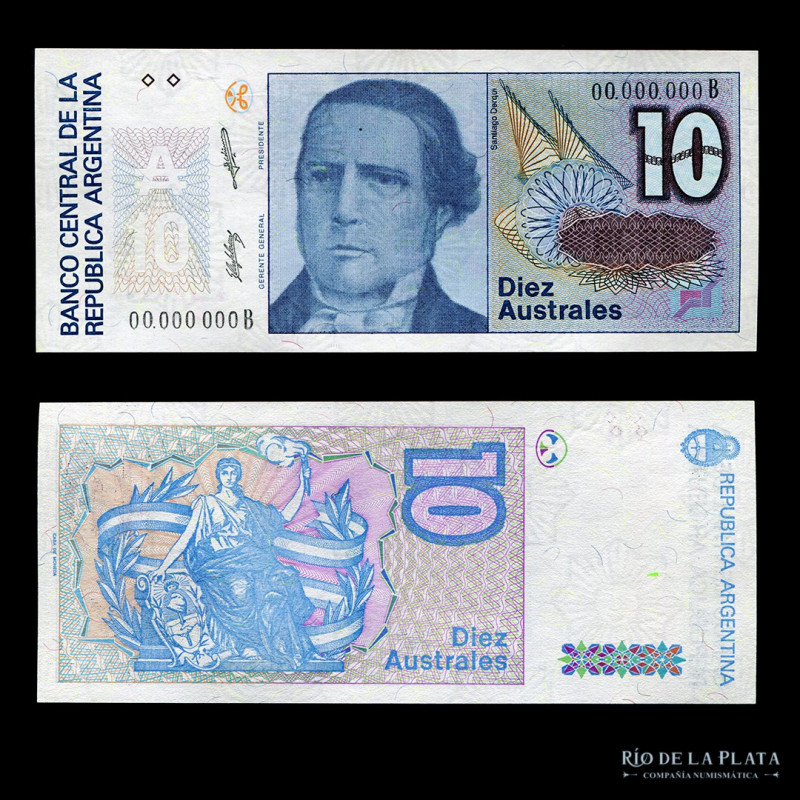 Argentina. Serie Australes. 10 Australes 1988. Muestra serie B. Firma: Salama - ...
