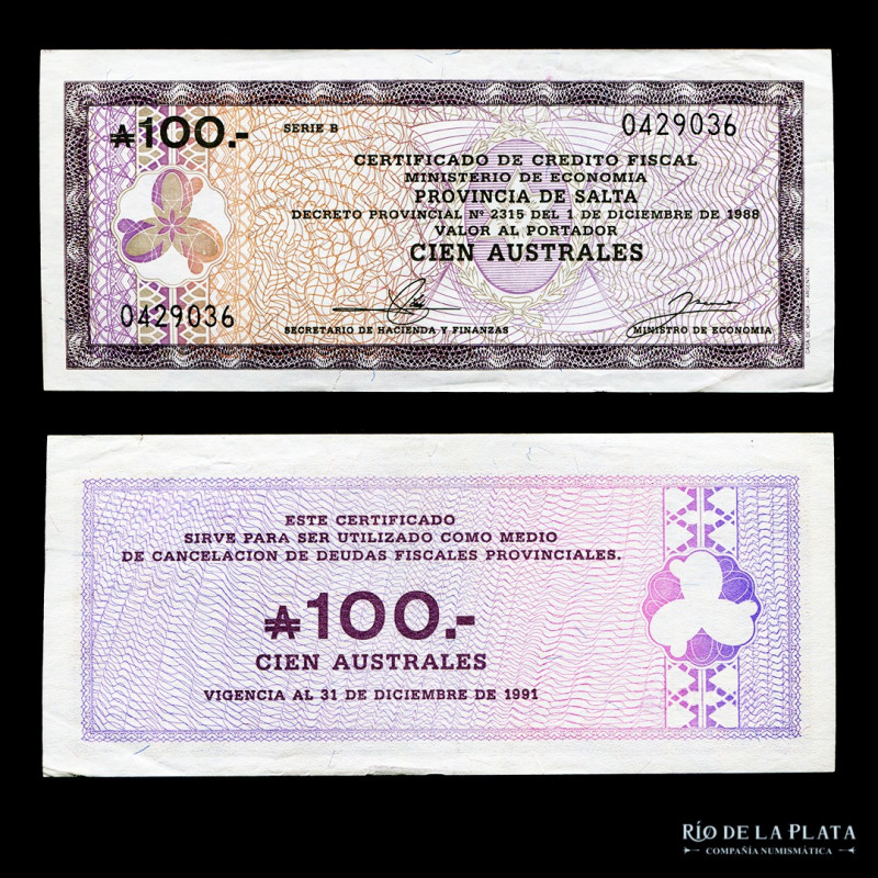 Argentina. Bono Salta. Certificado de Crédito Fiscal. 100 Australes 1988. Col 08...