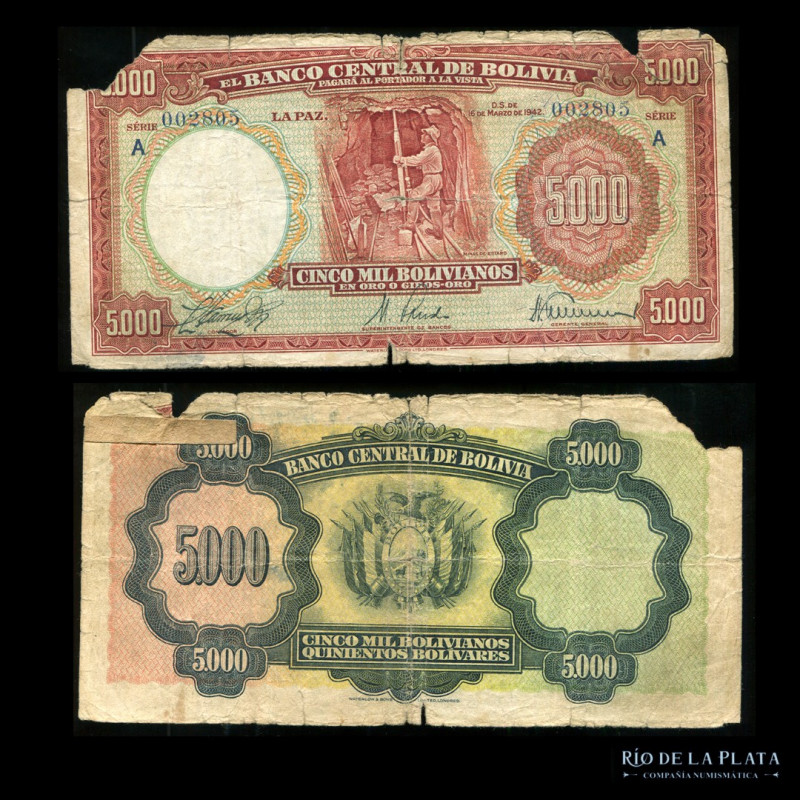 Bolivia. 5.000 Bolivianos 1942. P136 (VG)

Estimate: USD 25 - 50