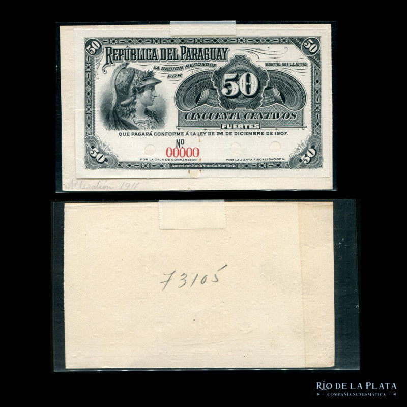 Paraguay. Prueba 50 Centavos 1907. Impreso en American Bank Note Company (NY). P...