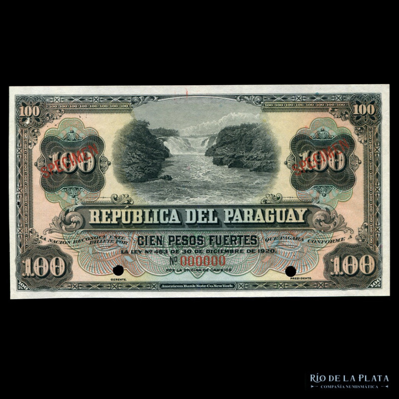 Paraguay. Specimen 100 Pesos Fuertes 1920. Impreso en American Bank Note Company...