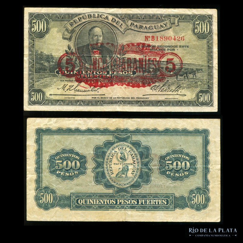 Paraguay. 5 Guaraníes (ND1943) resellado sobre 500 Pesos Fuertes 1923. Impreso e...