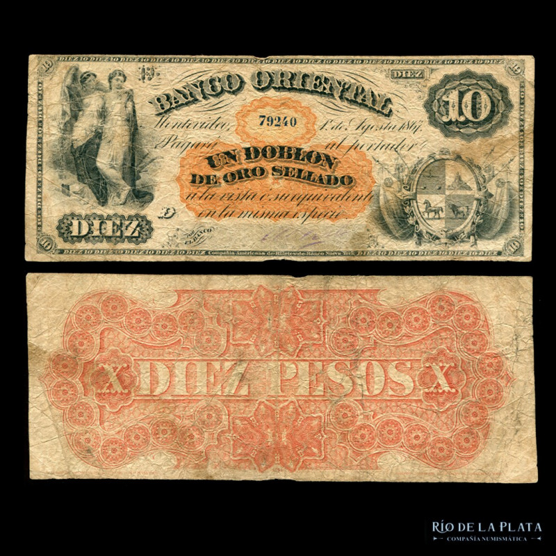 Uruguay. Banco Oriental. 10 Pesos 1867. 1 Doblon de Oro Sellado 1867. Ps385a (F+...