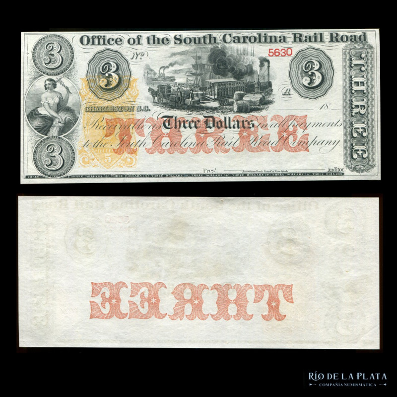 USA. South Carolina. Rail Road Office. 3 Dollars 18xx Remainder. (UNC)

Estima...