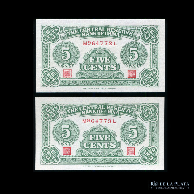 China (Central Reserve Bank of China) 2 x 5 Cents 1940 correlativos. P J2 (UNC)...