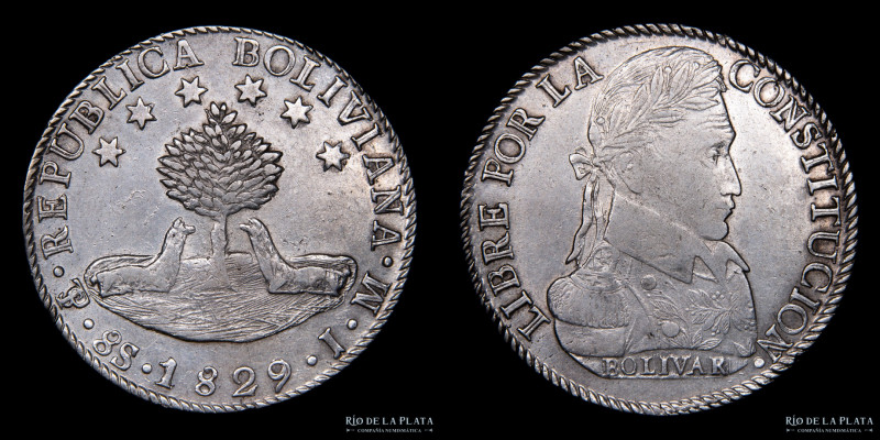 Bolivia. 8 Soles/Sueldos 1829/9 sobre 9 más pequeño. JM. Simón Bolivar. AG.903, ...