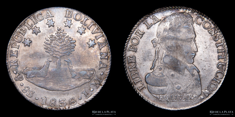 Bolivia. 8 Soles 1836/6 LM. Simón Bolivar. AG.903, 37.0mm; 26.95g. KM97 (AU) #40...