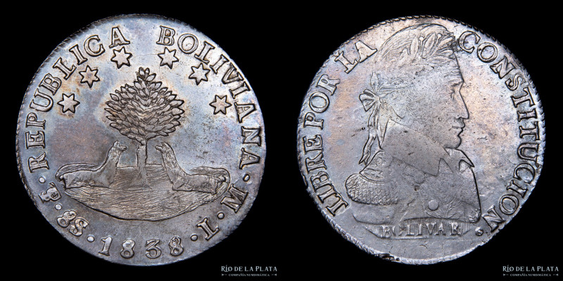 Bolivia. 8 Soles 1838 LM. Simón Bolivar. AG.903, 37.0mm; 27.05g. KM97 (XF+) #406...