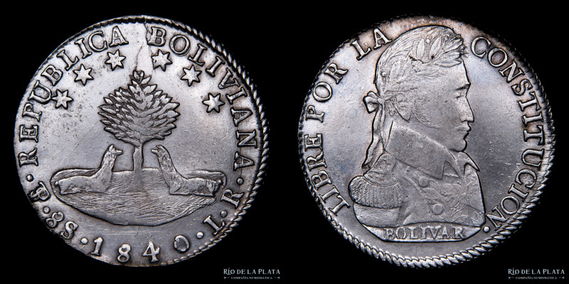 Bolivia. 8 Soles 1840 4/4 LR. Simón Bolivar. AG.903, 37.0mm; 26.76g. KM97 (XF) #...