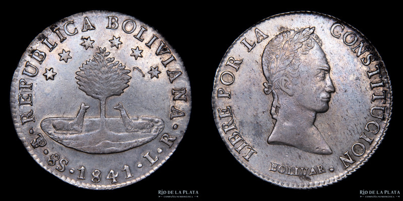 Bolivia. 8 Soles 1841 LR. Simón Bolivar. Aplacas grandes del tipo de KM97 (Mula)...