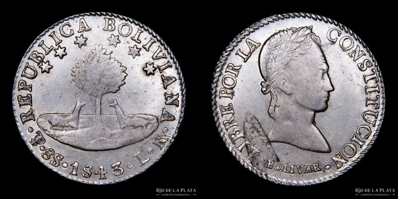 Bolivia. 8 Soles 1843 LR. Simón Bolivar. AG.903, 37.0mm; 27.22g. KM103 (XF) Erro...