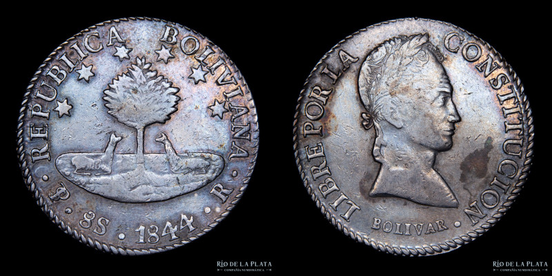 Bolivia. 8 Soles 1844 R. Simón Bolivar. AG.903, 37.0mm; 27.43g. KM103 (VF+) #417...