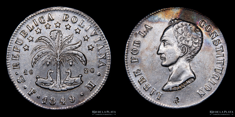 Bolivia. 8 Soles 1849 FM. Simón Bolivar. Resello Chino tipo chopmark en anverso....